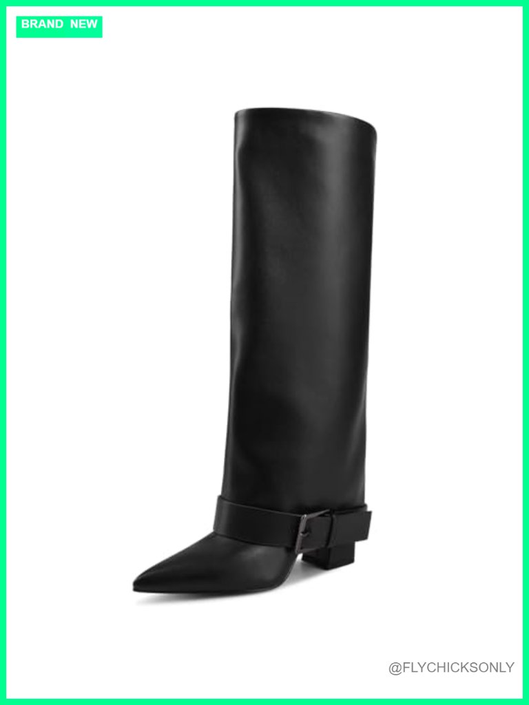 Fold Over Chunky High Heel Pointed Toe Knee High Boots Wide Calf Pull On